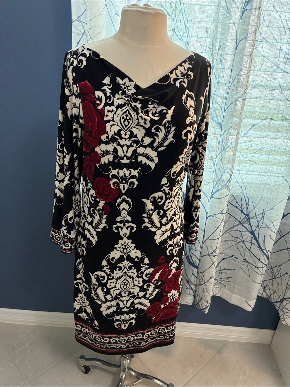 WHBM Black Floral Print Dress with Red Accents